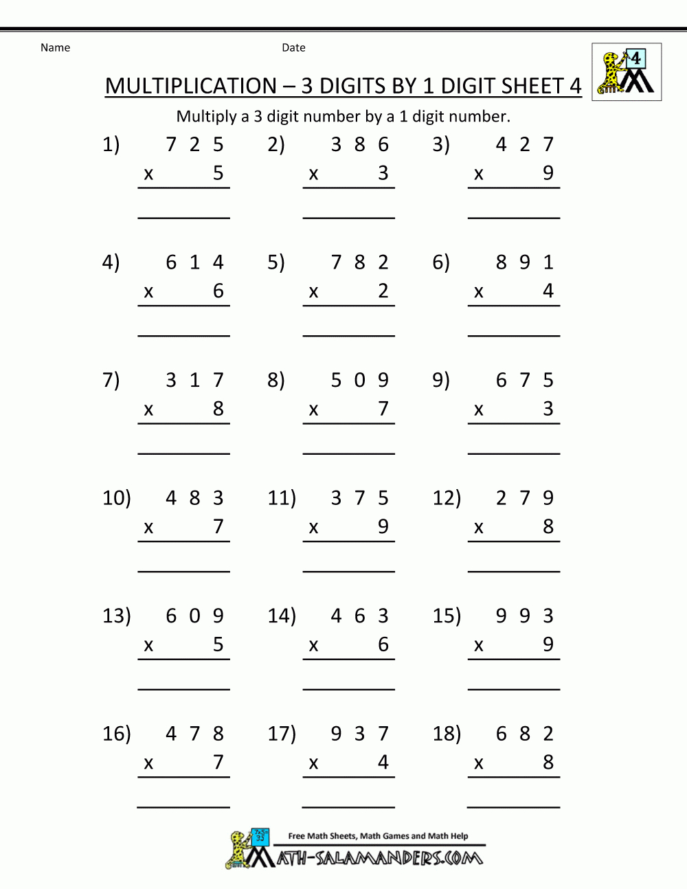 Free Multiplication Worksheets Multiplication 3 Digits1 in Grade 4 Printable Multiplication Problems