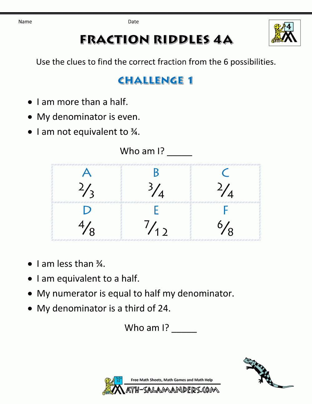 Free Printable Fraction Worksheets - Fraction Riddles (Harder) regarding Free Printable Multiplication Riddle Worksheets