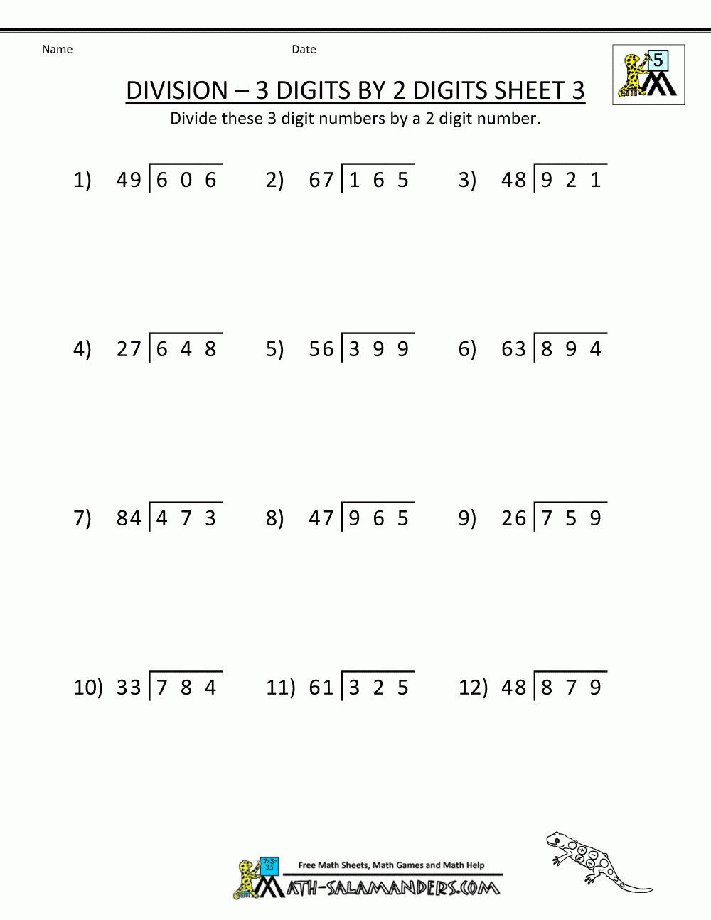 Free Printable Math Sheets Division 3 Digits2 Digits 3 with Printable Multiplication Worksheets Grade 6