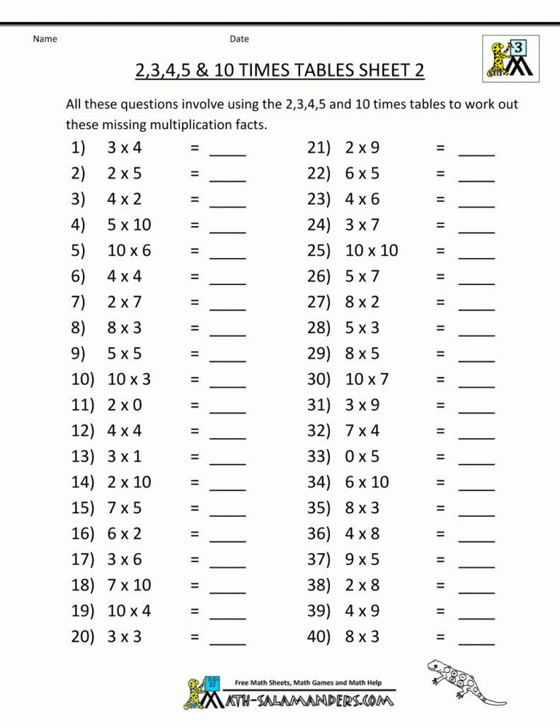 Free Printable Math Sheets Multiplication 2 3 4 5 10 Times With Regard To Printable Multiplication And Division Table