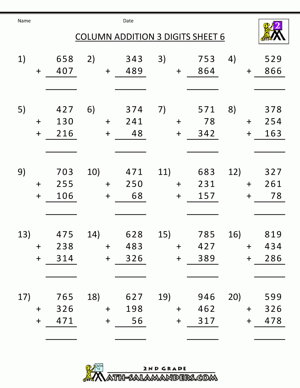 Free-Printable-Math-Worksheets-Column-Addition-3-Digits-6 with regard to Multiplication Worksheets Year 4 Free