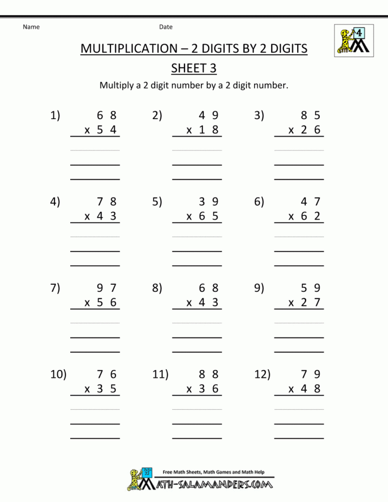 Free Printable Multiplication Worksheets 2 Digits2 Throughout Multiplication Worksheets 3 Digit By 2 Digit Pdf