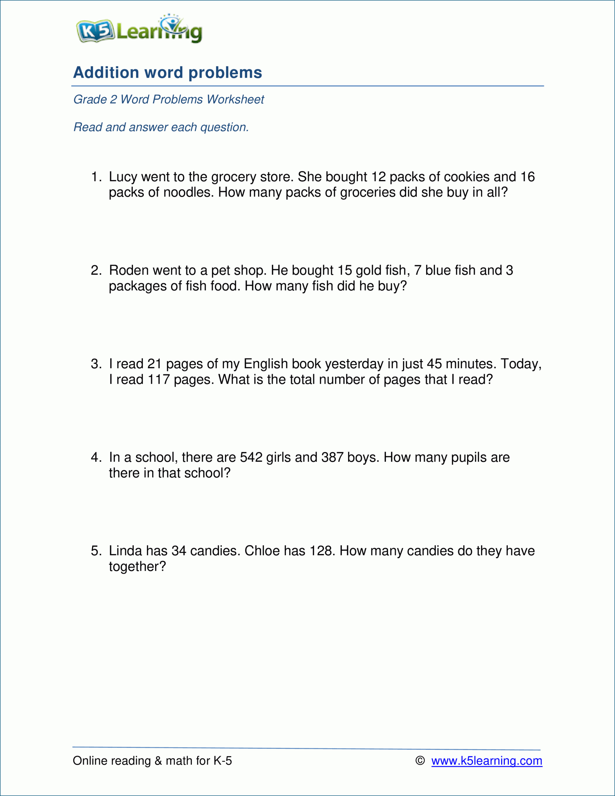 Grade 2 Addition Word Problem Worksheets (1-3 Digits) | K5 with Multiplication Worksheets K5 Learning