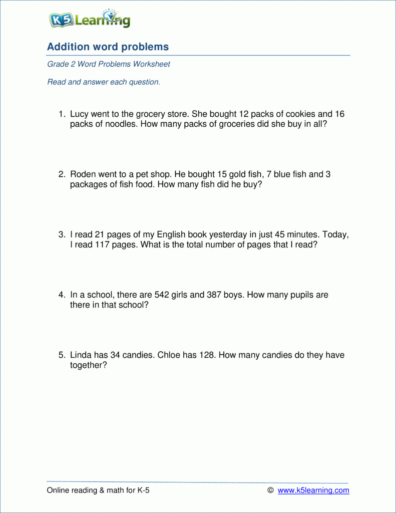 Grade 2 Addition Word Problem Worksheets (1 3 Digits) | K5 With Worksheets On Multiplication Word Problems For Grade 4