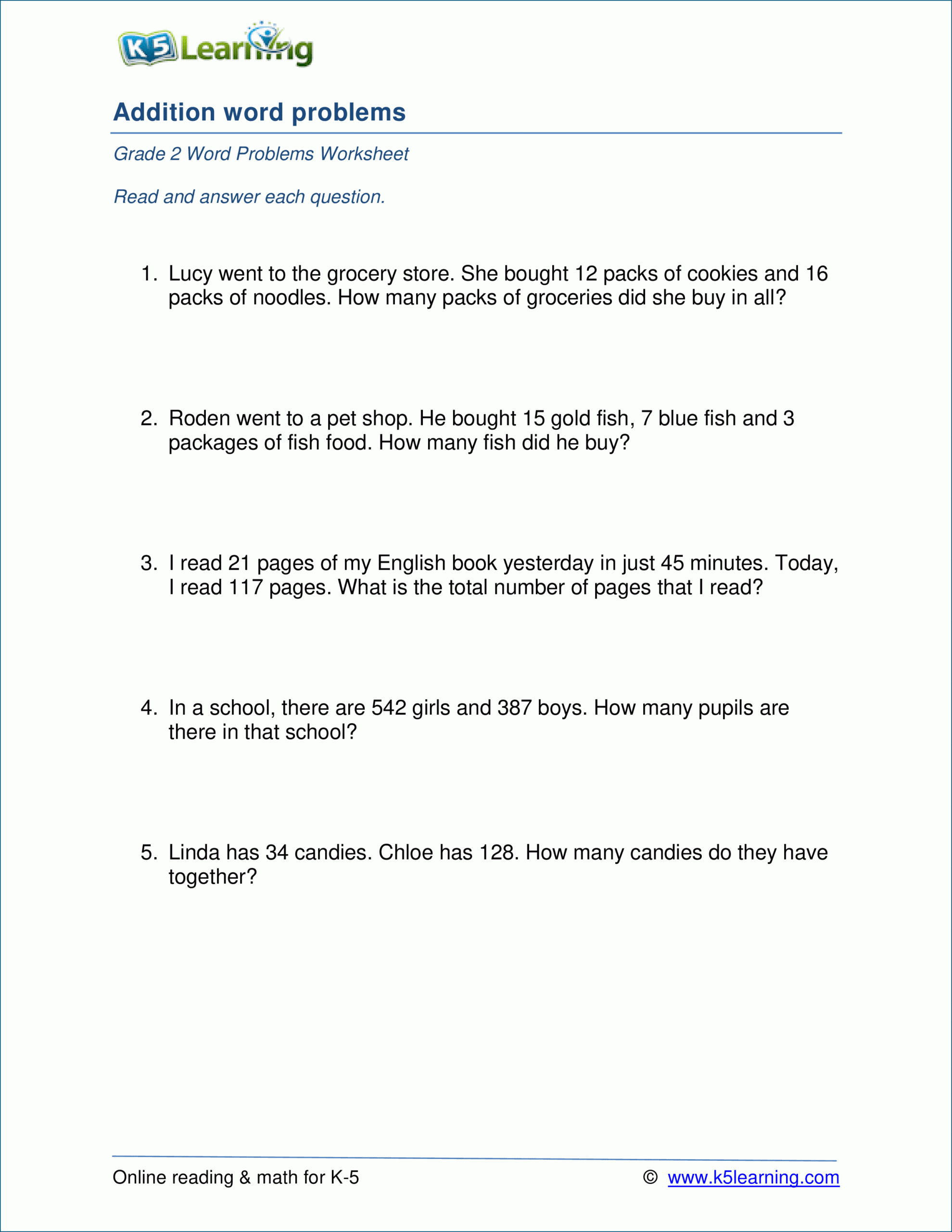 Grade 2 Addition Word Problem Worksheets (1-3 Digits) | K5 with Worksheets On Multiplication Word Problems For Grade 4 Grade 2 Addition Word Problem Worksheets (1-3 Digits) | K5 with Worksheets On Multiplication Word Problems For Grade 4