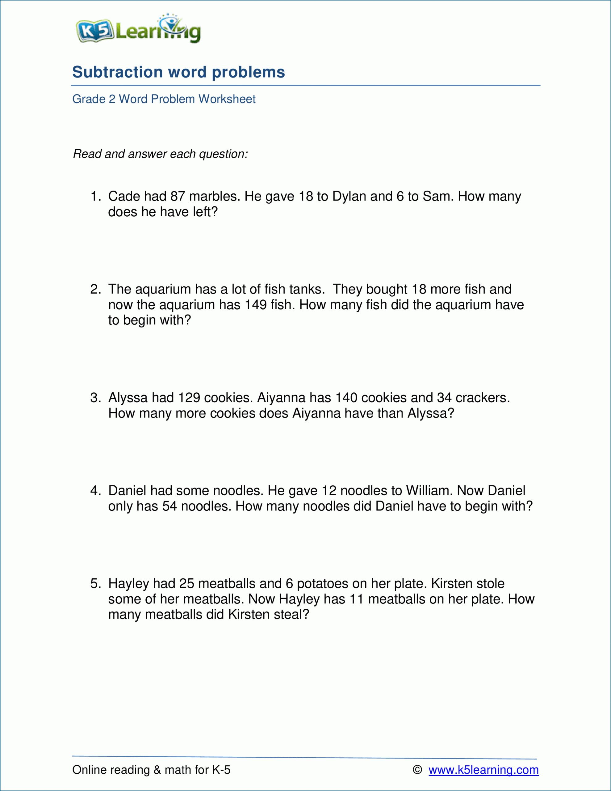 Grade 2 Subtraction Word Problem Worksheets (1-3 Digits inside Multiplication Worksheets K5 Learning Grade 2 Subtraction Word Problem Worksheets (1-3 Digits inside Multiplication Worksheets K5 Learning