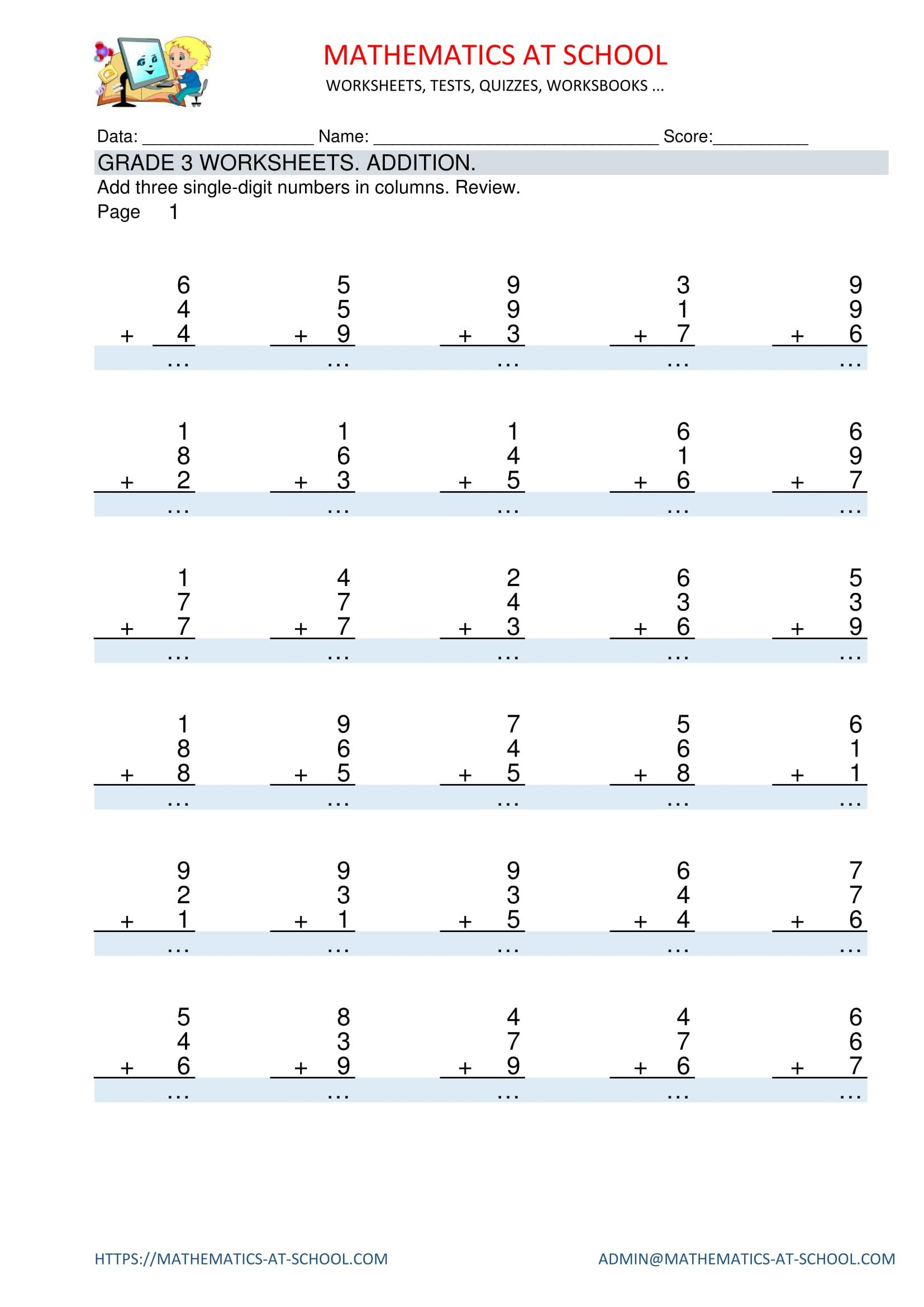 Grade 3 Maths Worksheets: Addition Adding Three 1-Digit for Printable Multiplication Sheets For Grade 3