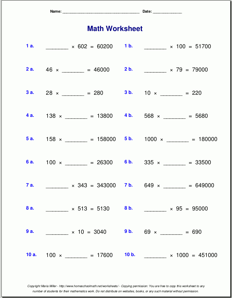Grade 5 Multiplication Worksheets for Printable Multiplication Problems For 5Th Grade