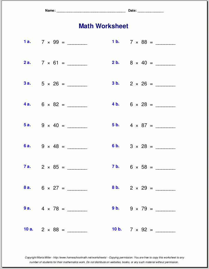 Grade 5 Multiplication Worksheets pertaining to Printable Multiplication Problems For 5Th Grade