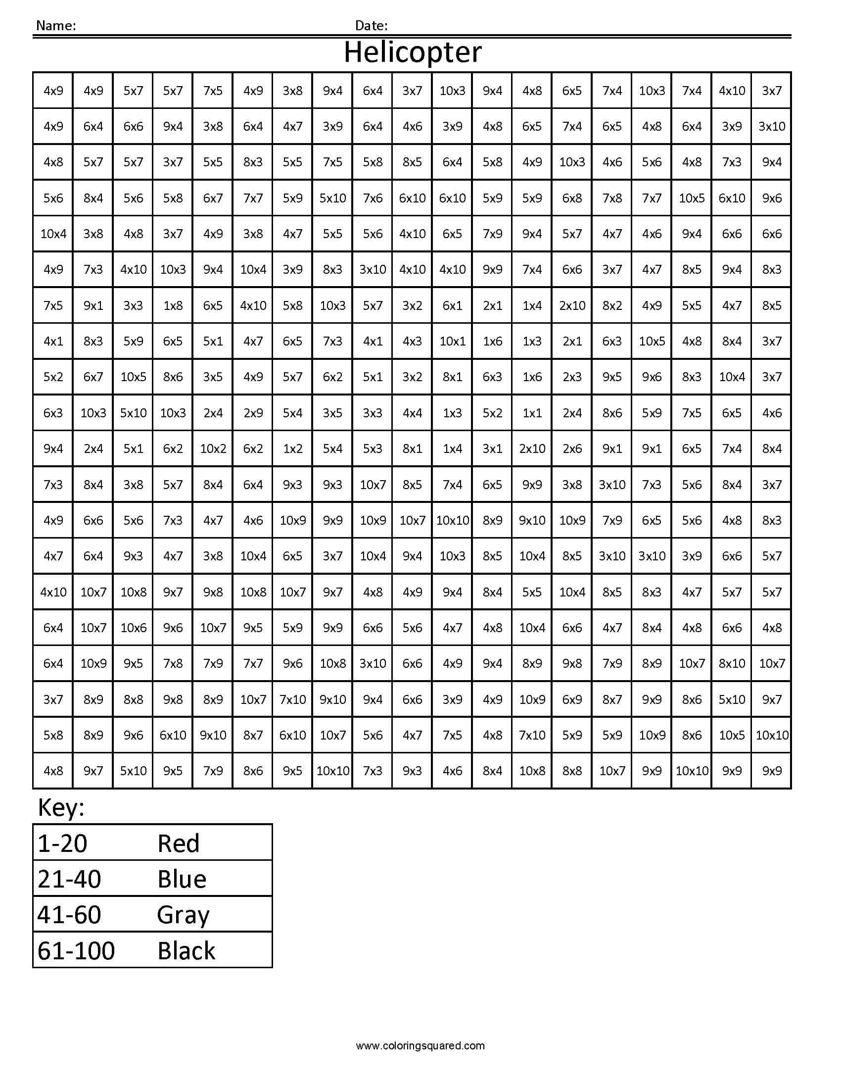 Helicopter- Advanced Multiplication - Coloring Squared in Multiplication Worksheets Advanced