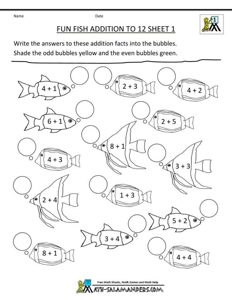 Homeschool Math Worksheet Fun Addition To 12 Fish 1.gif With Homeschool Multiplication Worksheets