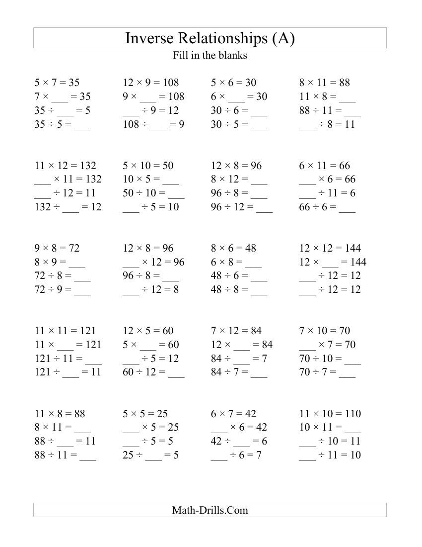 Inverse Relationships: Multiplication And Division 5-12 throughout Worksheets On Multiplication And Division
