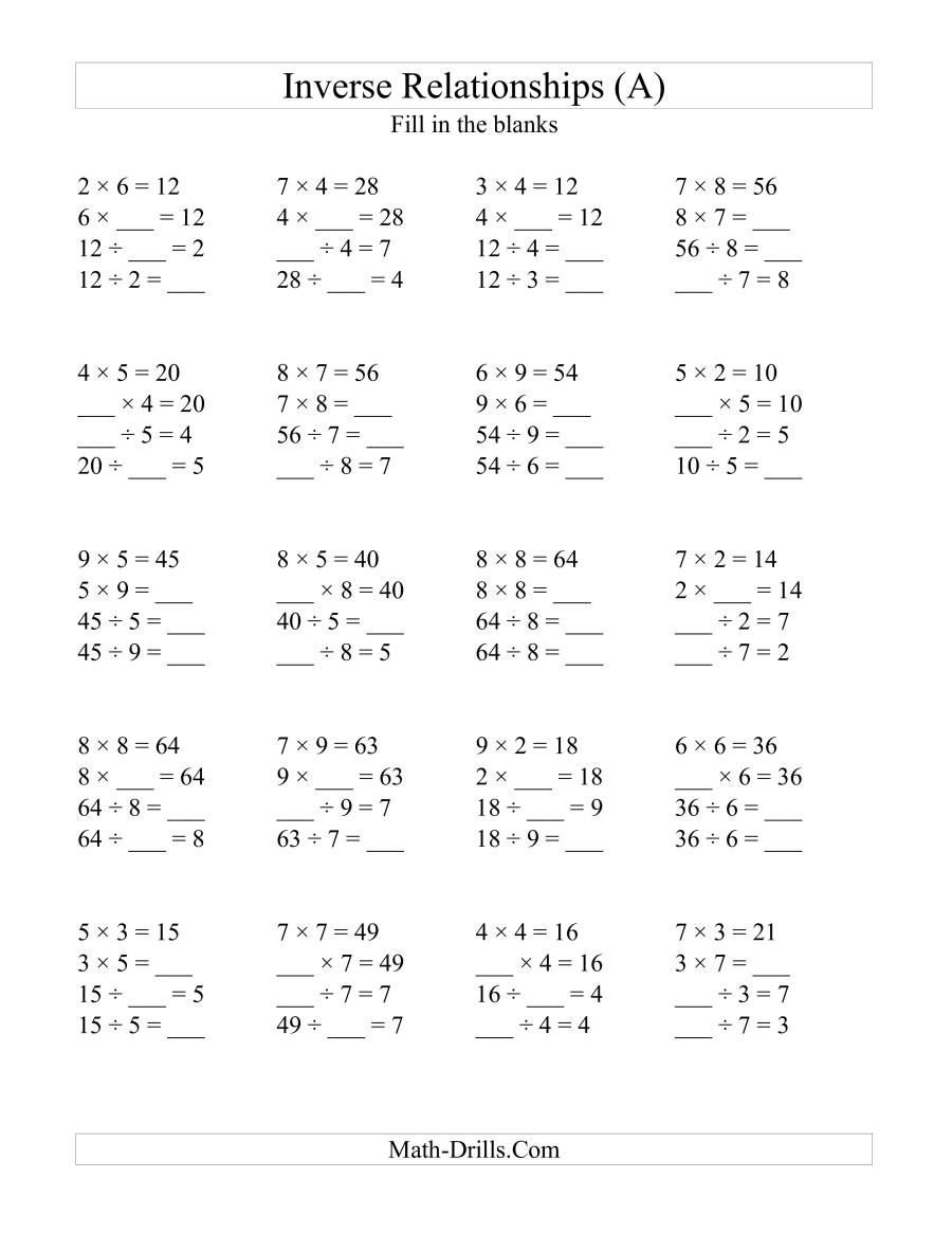 Inverse Relationships -- Multiplication And Division All intended for Printable Multiplication And Division Worksheets For 3Rd Grade