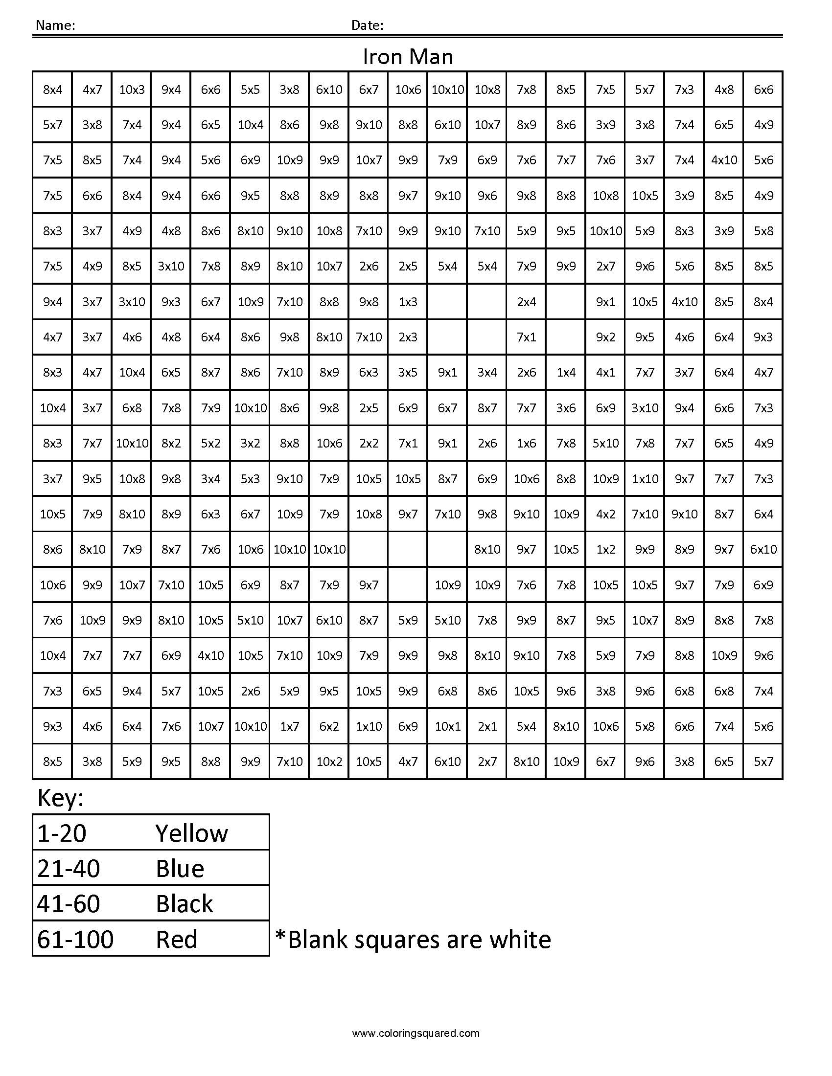 Iron Man- Advanced Multiplication – Coloring Squared with Printable Multiplication Squares Iron Man- Advanced Multiplication - Coloring Squared with Printable Multiplication Squares