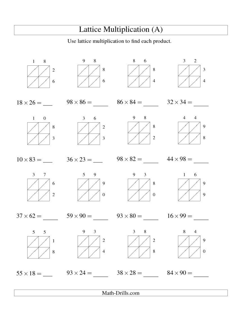Lattice Multiplication    Two Digittwo Digit (A In Printable Lattice Multiplication Worksheets