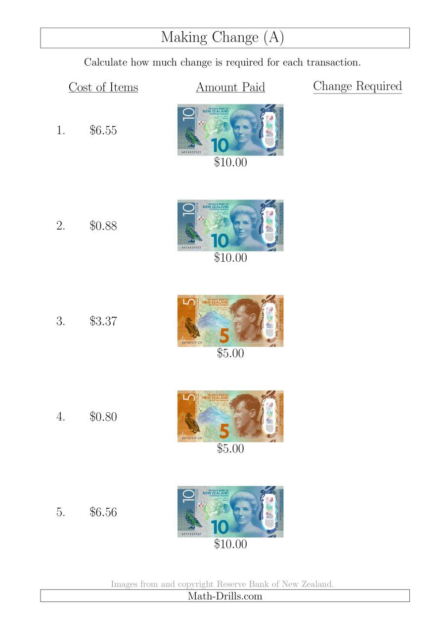 Making Change From New Zealand Banknotes Up To $10 (A) throughout Multiplication Worksheets Nz