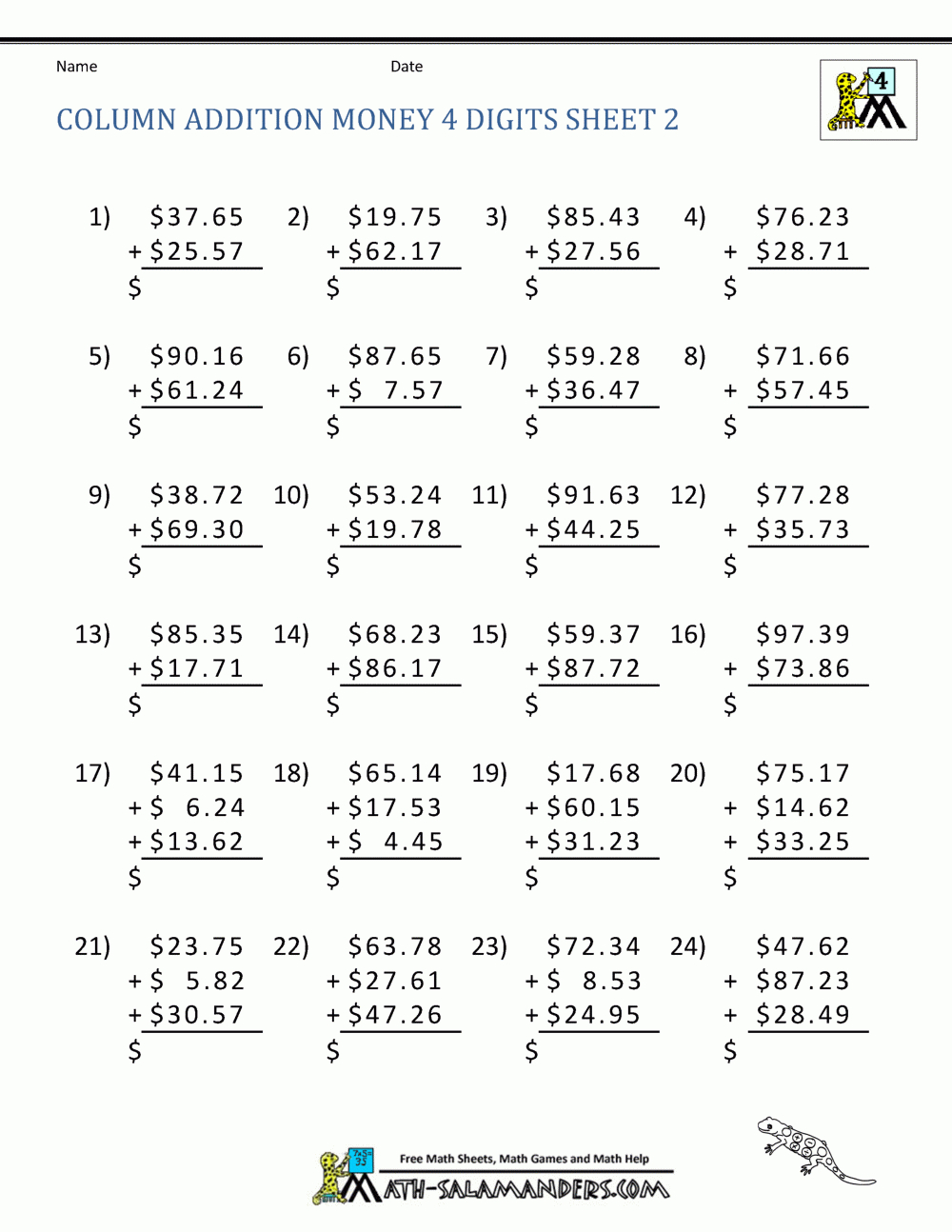 Math Addition Worksheet Collection 4Th Grade throughout Printable Multiplication Problems For 4Th Grade