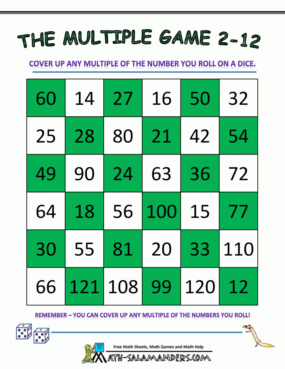 Math Games Using Dice The Multiple Game 2 To 12 | Math for Printable Multiplication Games 4Th Grade