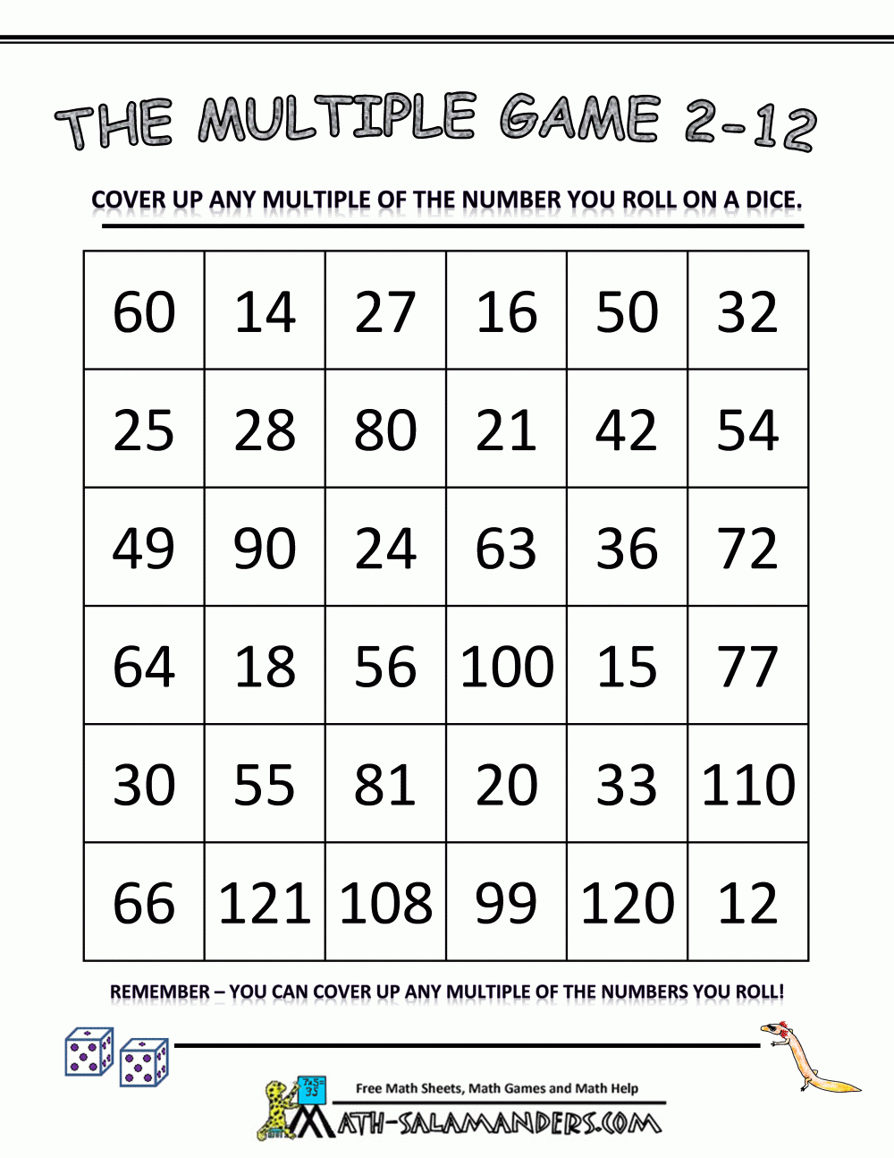 Math-Games-Using-Dice-The-Multiple-Game-2-To-12Bw.gif 1,000 regarding Printable Multiplication Games With Dice