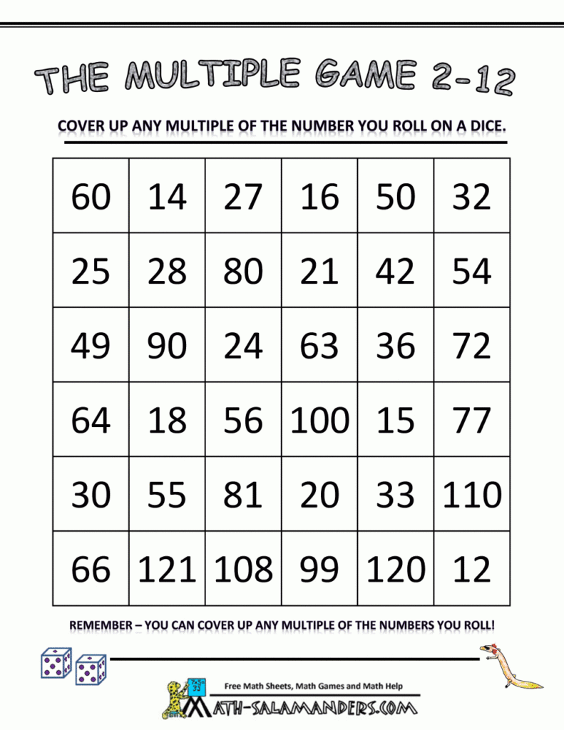 Math Games Using Dice The Multiple Game 2 To 12Bw.gif 1,000 With Regard To Printable Multiplication Dice Games
