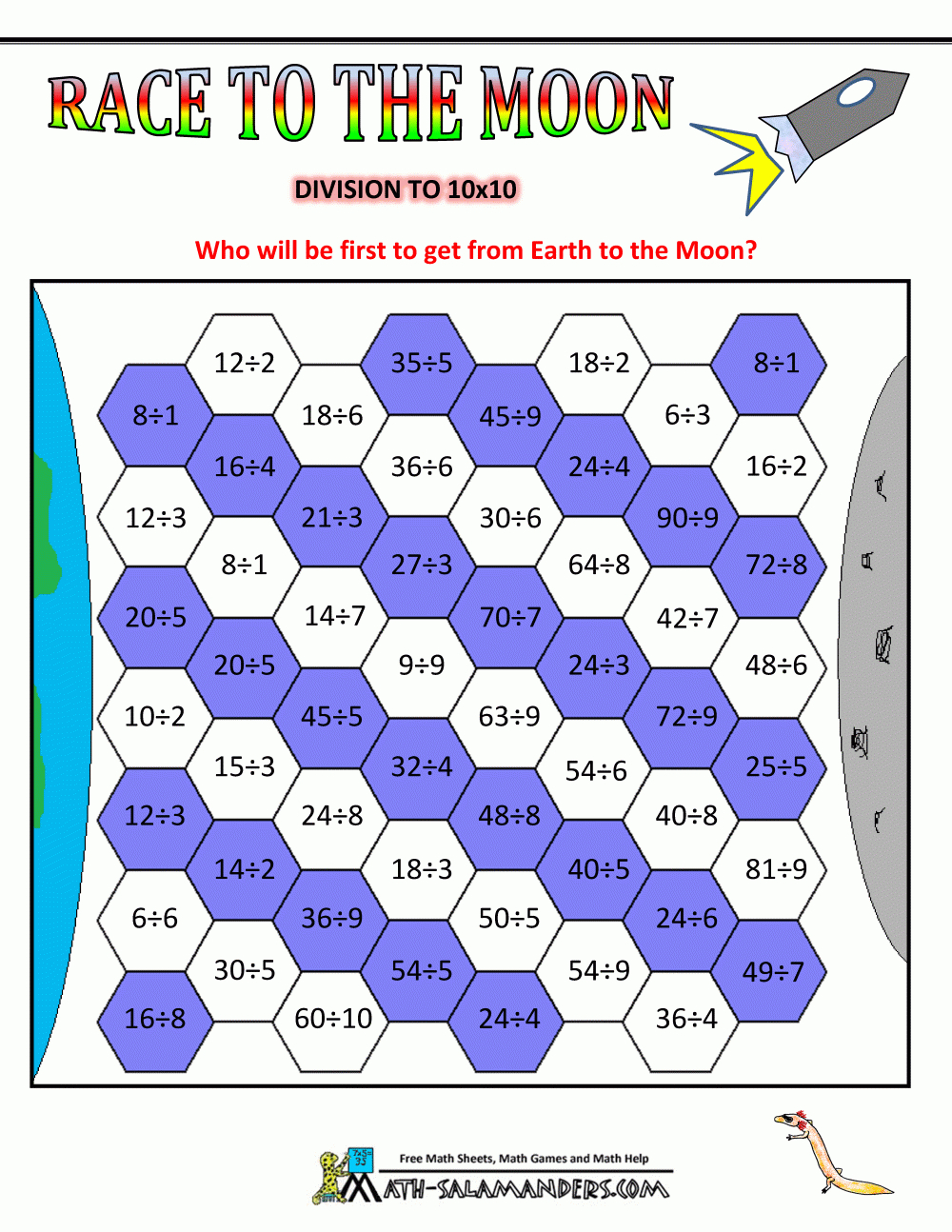 Math Number Games Race To The Moon Dividing To 10X10 | Math with regard to Printable Multiplication And Division Games