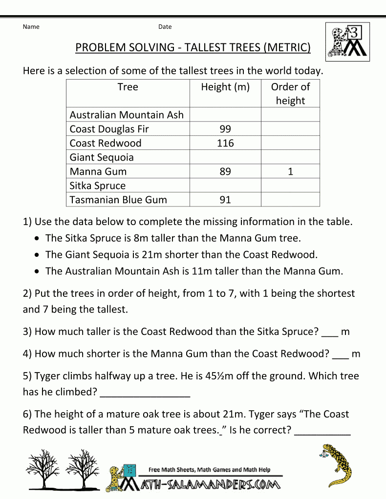 Math Problem Worksheets Tallest Trees Metric | Math Word throughout Printable Multiplication Word Problems 3Rd Grade Math Problem Worksheets Tallest Trees Metric | Math Word throughout Printable Multiplication Word Problems 3Rd Grade