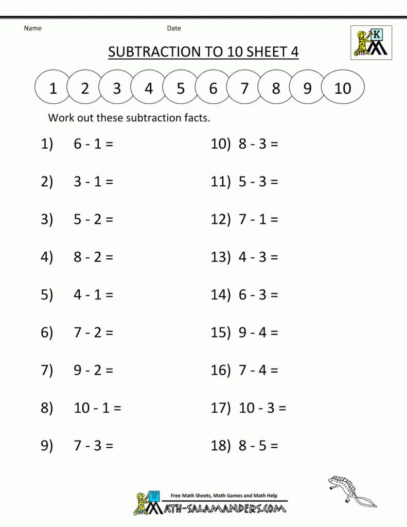 Math Salamanders Math Worksheets Printable Subtraction To 10 Throughout Multiplication Worksheets Nz