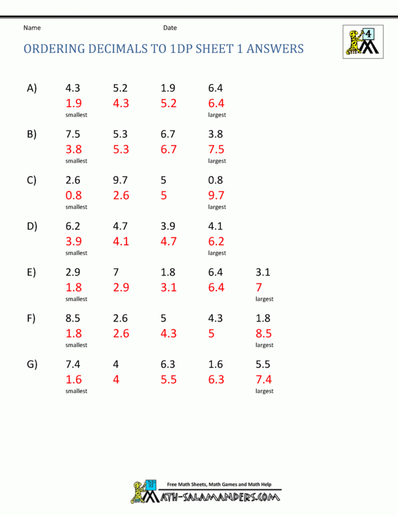 Math Worksheets 4Th Grade Ordering Decimals To 2Dp For Multiplication Worksheets 4Th Grade