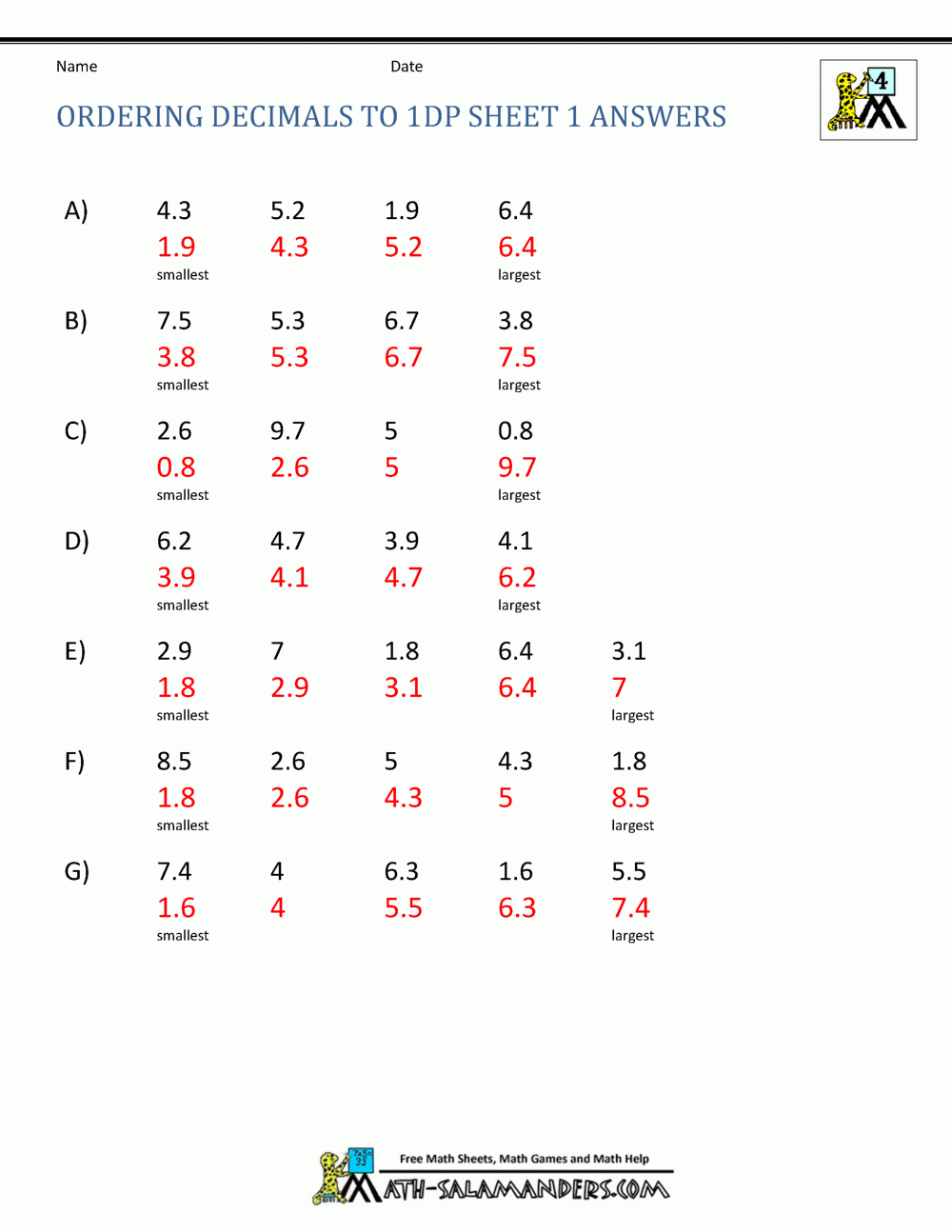 Math Worksheets 4Th Grade Ordering Decimals To 2Dp for Multiplication Worksheets 4Th Grade