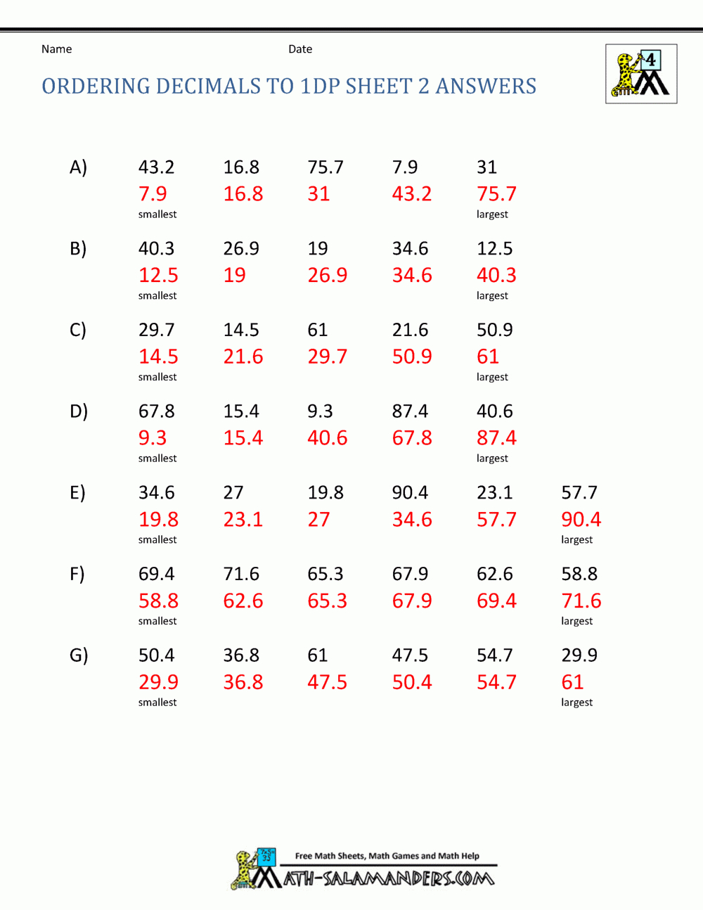 Math Worksheets 4Th Grade Ordering Decimals To 2Dp intended for Multiplication Worksheets 4Th Grade Pdf