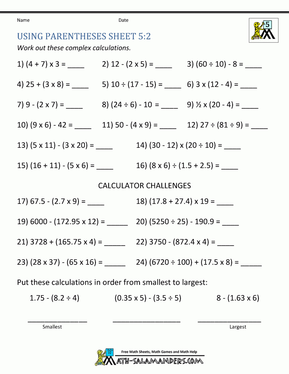 Math Worksheets 5Th Grade Exponents And Parentheses for Printable Multiplication Worksheets 5&amp;amp;#039;s