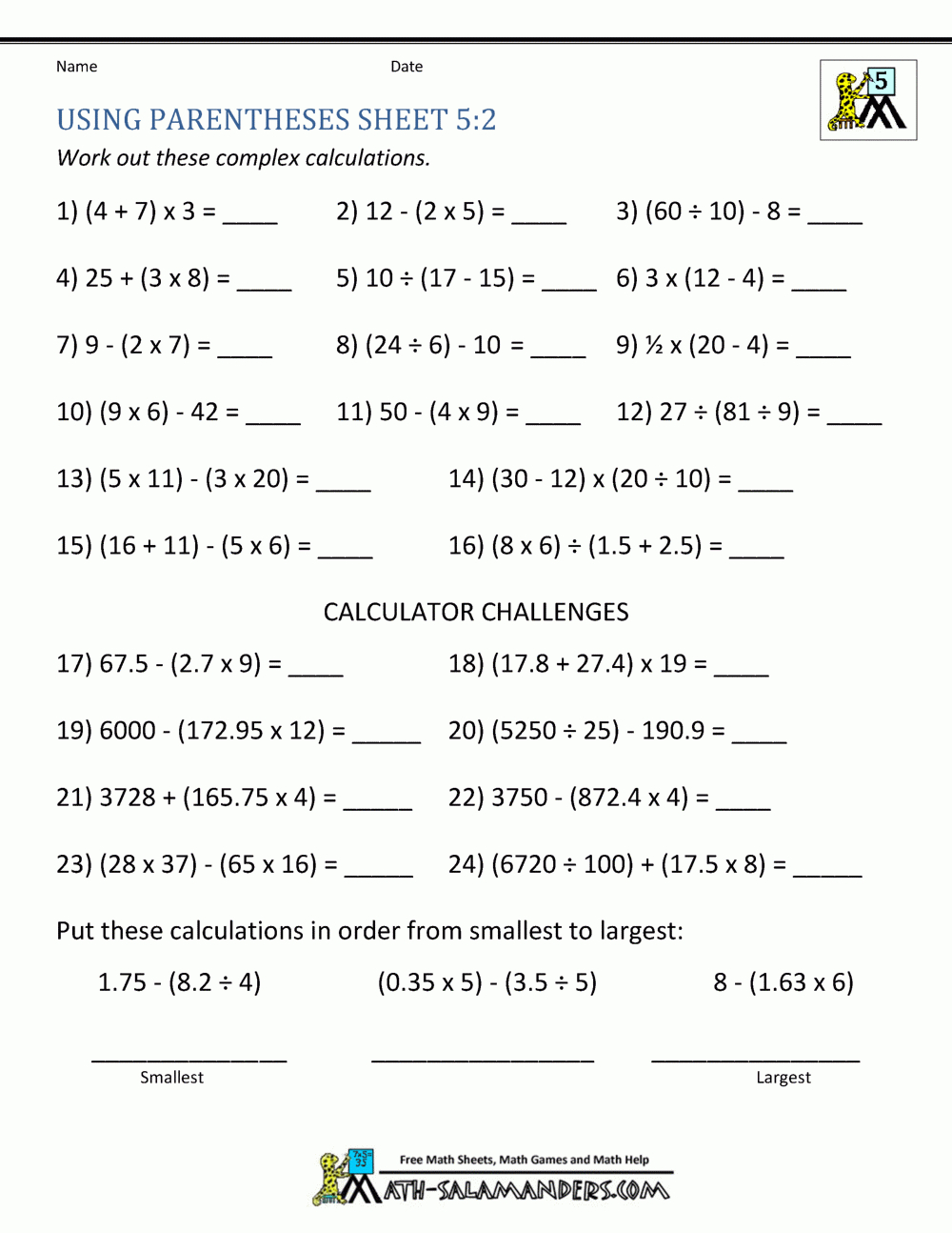 Math Worksheets 5Th Grade Exponents And Parentheses for Printable Multiplication Worksheets 5&amp;#039;s