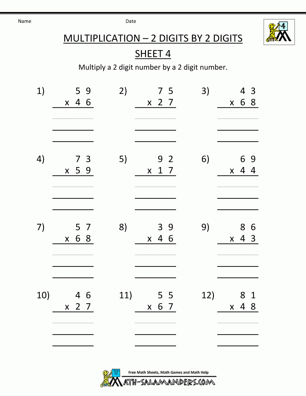 Math Worksheets Printable Multiplication 2 Digits2 for Printable Multiplication 4Th Grade