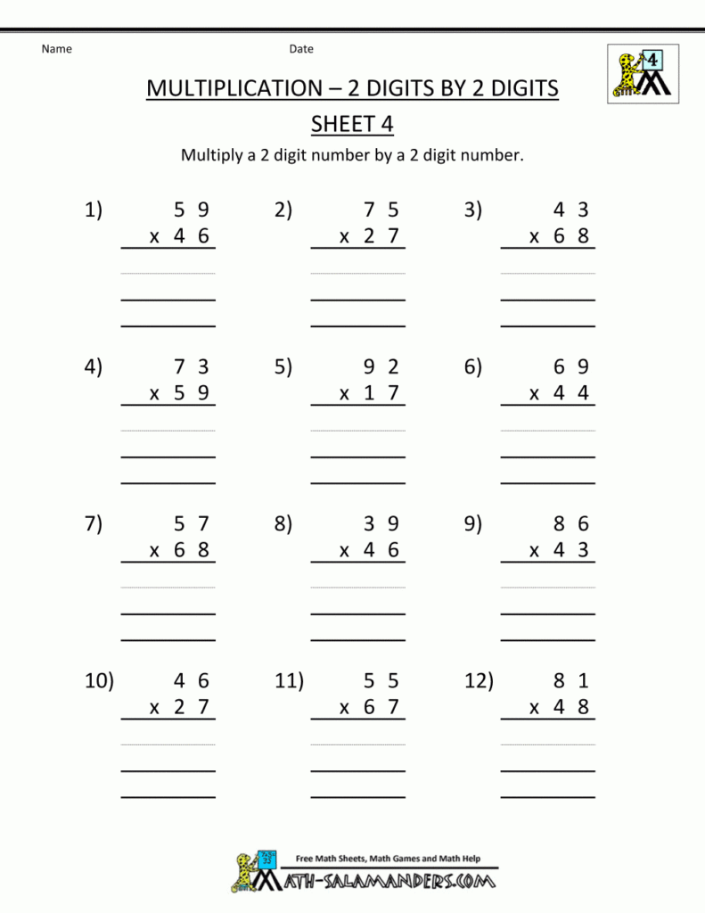 Math Worksheets Printable Multiplication 2 Digits2 In Printable Grade 4 Multiplication Worksheets