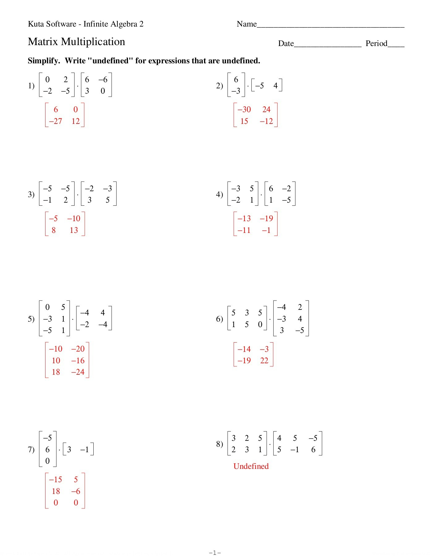 Matrix Multiplication Date Period - Kuta Software Llc Pages for Multiplication Worksheets Kuta