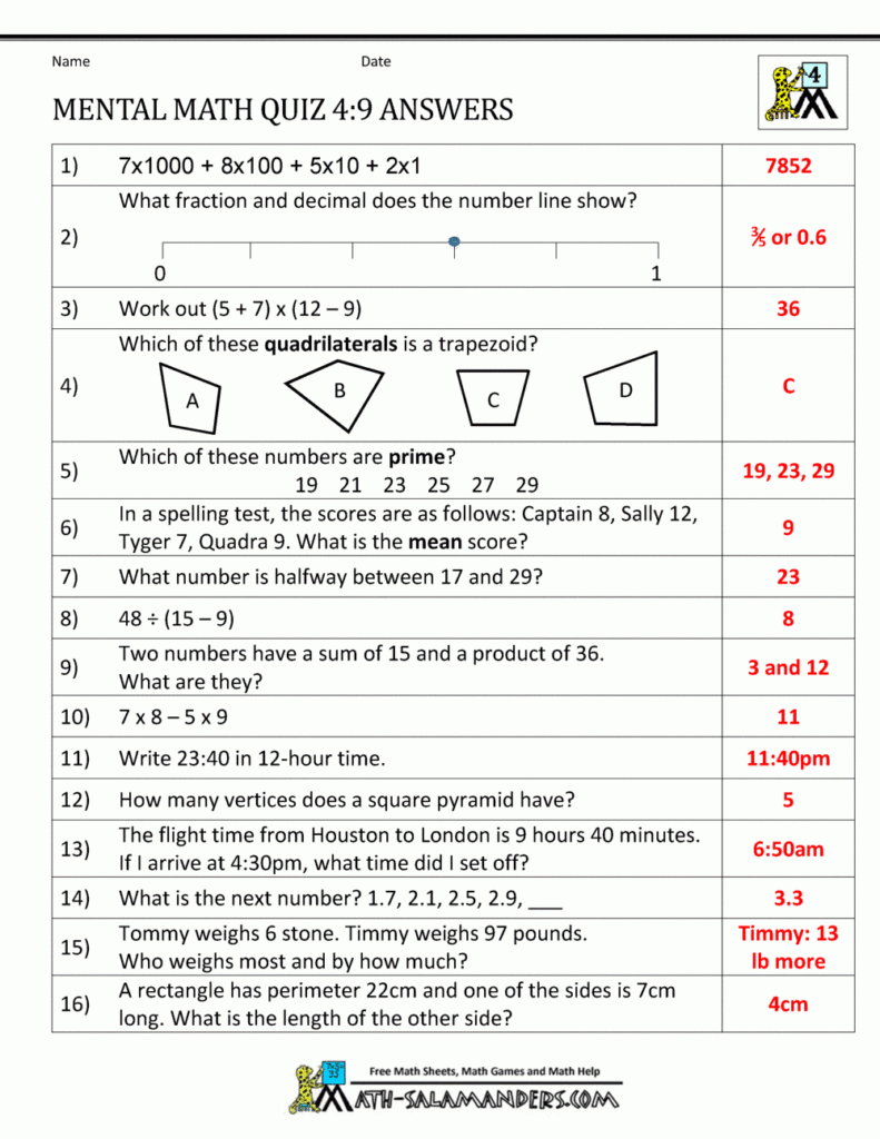 Mental Math 4Th Grade Inside Printable Multiplication Worksheets Grade 9