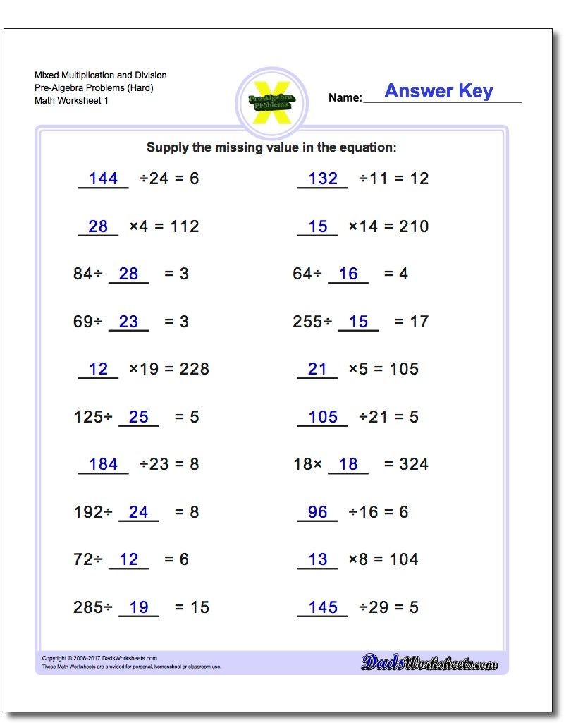 Mixed Multiplication And Division Pre-Algebra Worksheets within Multiplication Worksheets Mixed