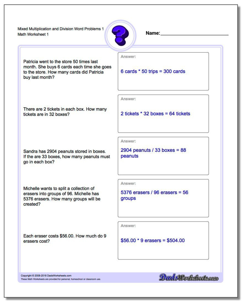 Mixed Multiplication Worksheet And Division Worksheet Word Regarding Worksheets Multiplication And Division Word Problems