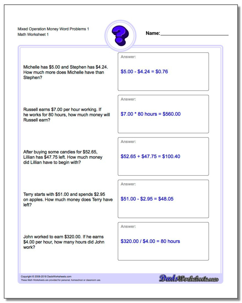Money Word Problems For Printable Multiplication And Division Worksheets For 3Rd Grade