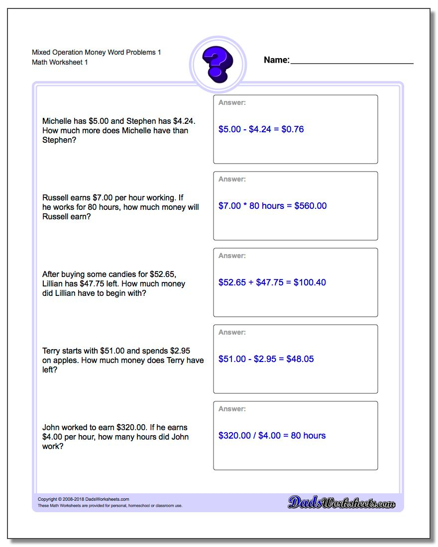 Money Word Problems for Printable Multiplication And Division Worksheets For 3Rd Grade