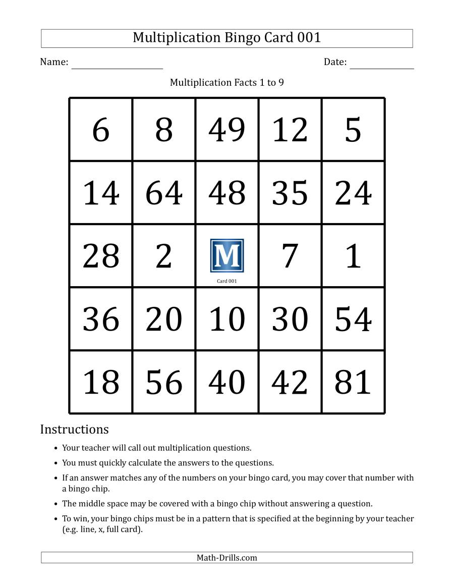 Multiplication Bingo Cards For Facts 1 To 9 (Cards 001 To inside Printable Multiplication Bingo