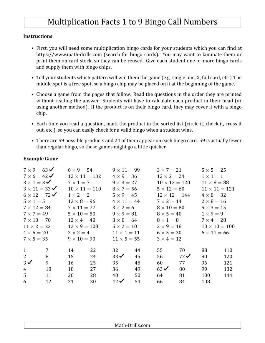 Multiplication Bingo Facts 1 To 9 Teacher Call Cards (Games with regard to Printable Multiplication Bingo Calling Cards