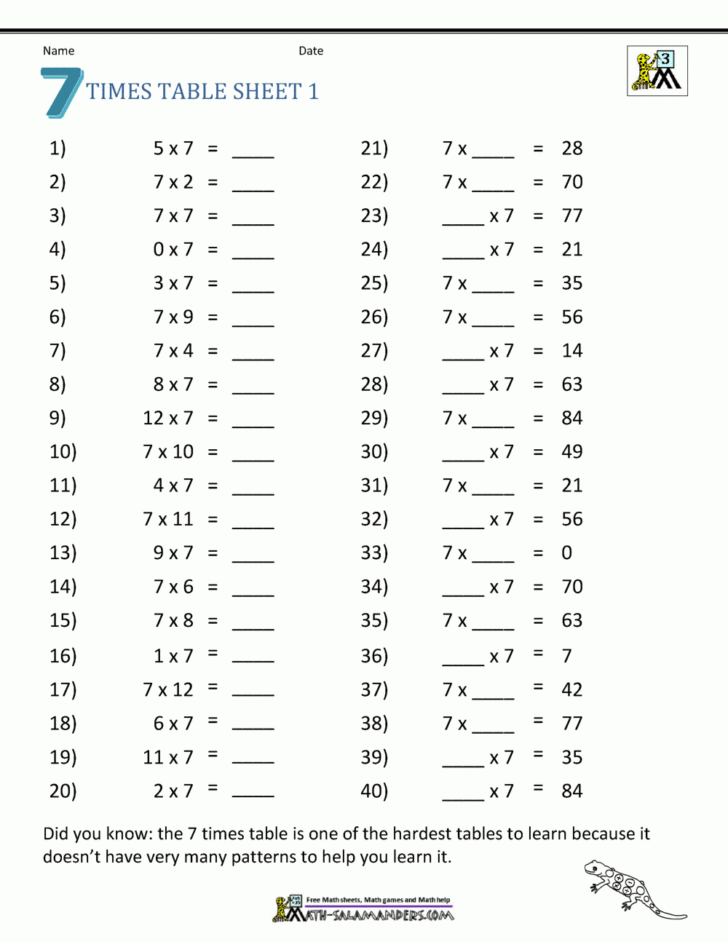 Printable Multiplication Worksheets 7S