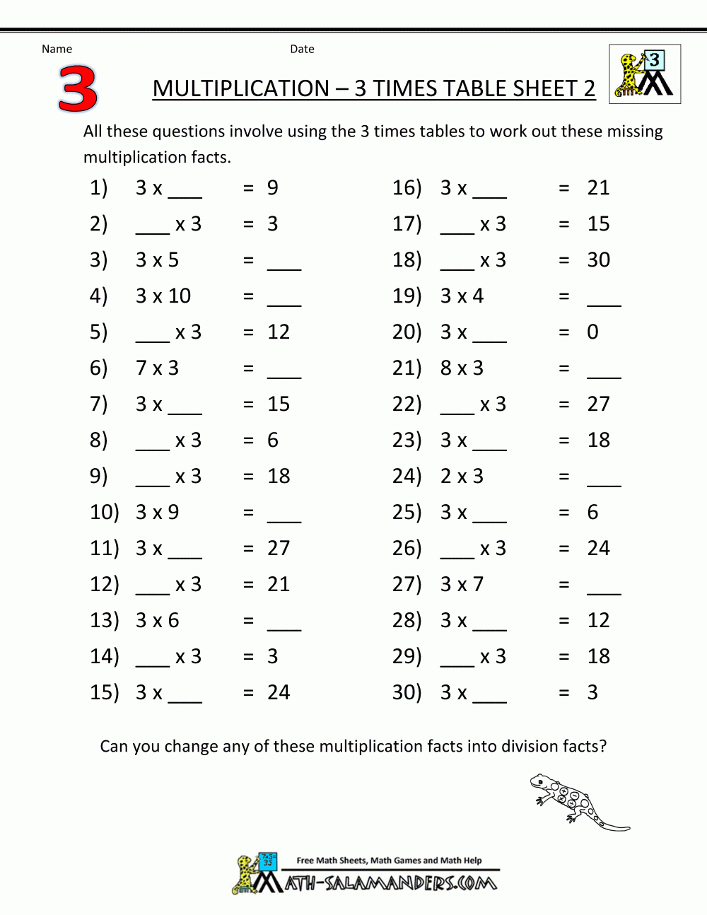 Multiplication Fact Sheets 3 Times Table 2 | Printable Math intended for Multiplication Worksheets 3 Times Tables