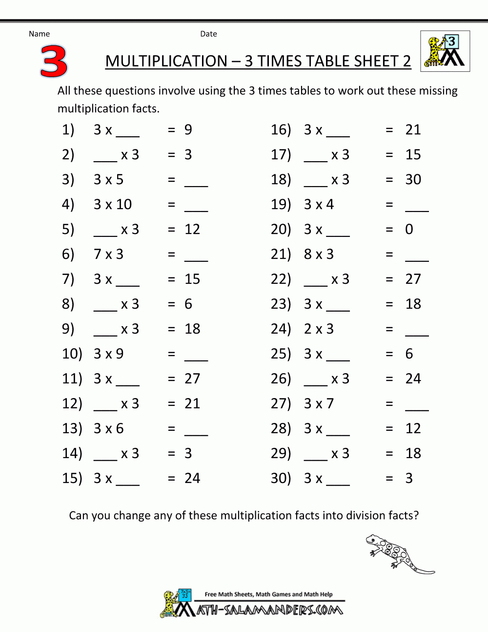 Multiplication Fact Sheets 3 Times Table 2 | Printable Math regarding Printable Multiplication Worksheets 3 Times Table