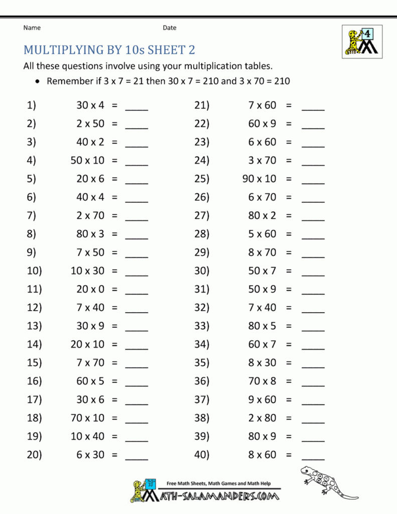 Multiplication Fact Sheets With Regard To Multiplication Worksheets Multiples Of 10