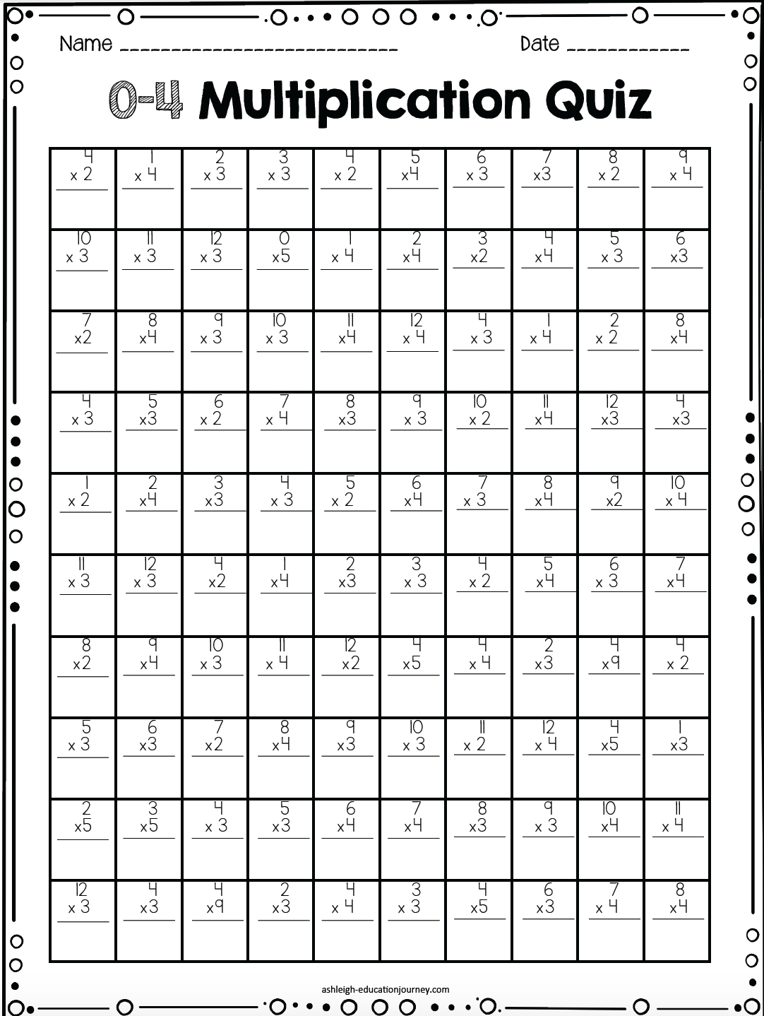 Multiplication Facts 0 12 Printable Quiz