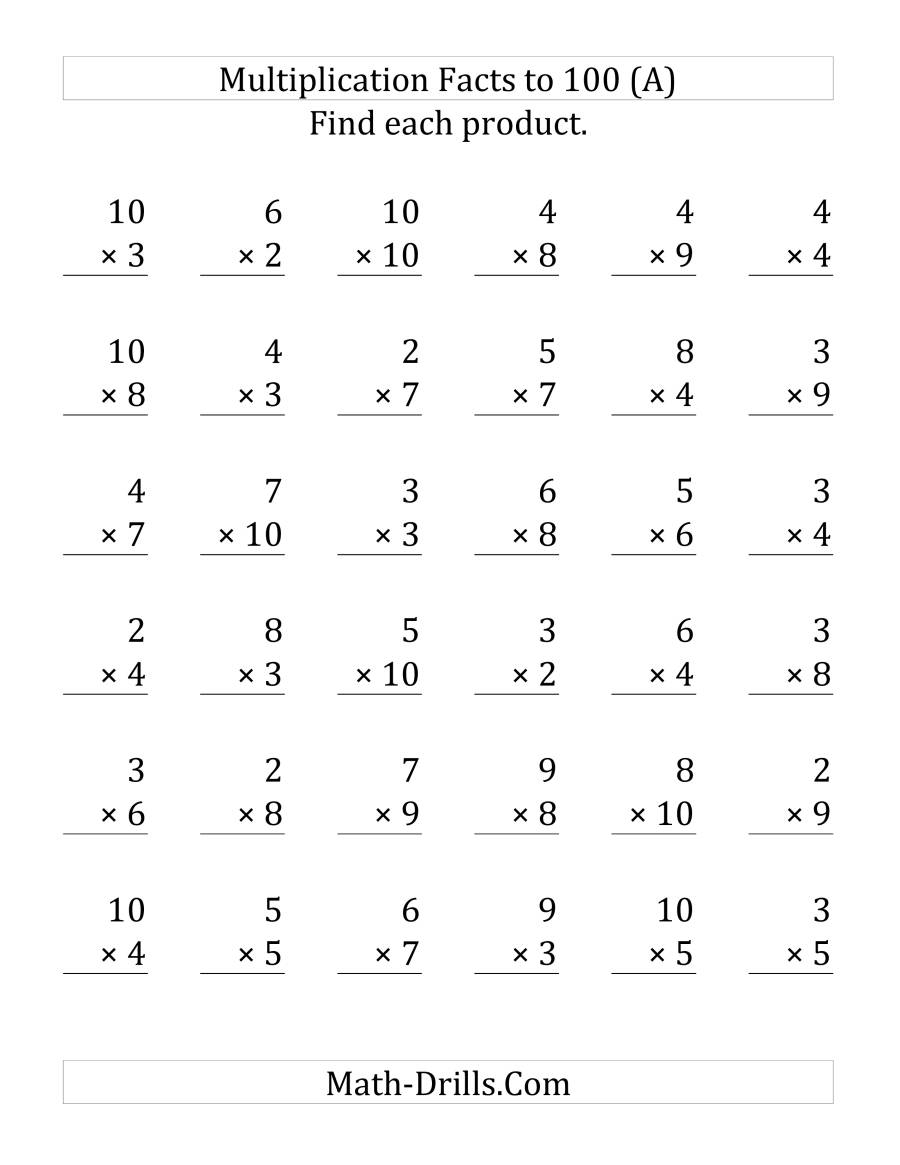 Multiplication Facts To 100 No Zeros Or Ones (36 Questions within Multiplication Worksheets Zero And Ones