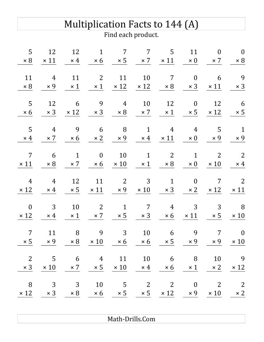 Multiplication Facts To 144 Including Zeros (A) regarding Multiplication Worksheets Drills