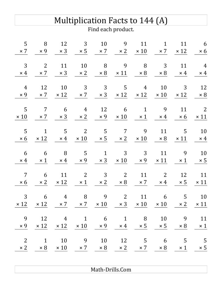 Multiplication Facts To 144 No Zeros (A) with regard to Multiplication Worksheets Random Order